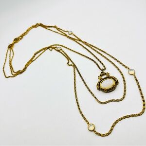 Vintage signed Goldette Triple Strand Gold tone Necklace w/ Opalescent Cabochon